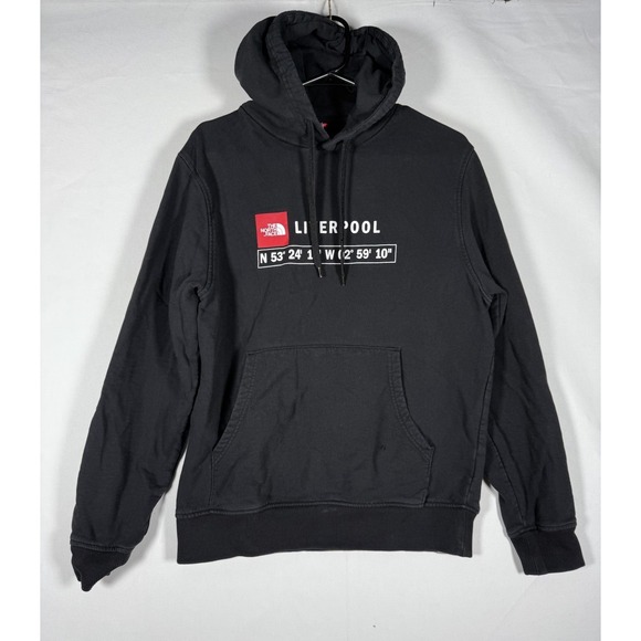 North Face Liverpool Hoodie Men's Medium Black GPS Coordinates Sweatshirt READ - Picture 1 of 10